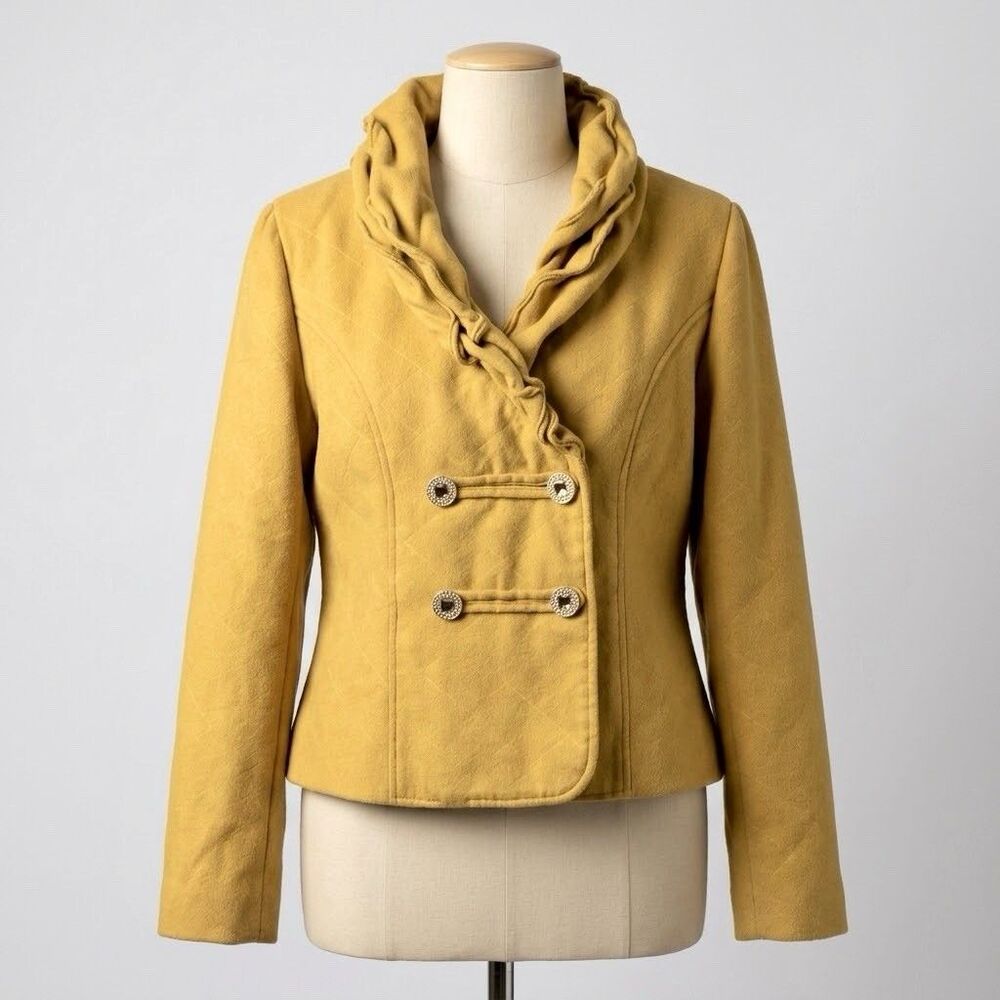 T. Bleu Mustard Yellow Sculptural Jacket Moldable Ruffle Collar Button Front XL
